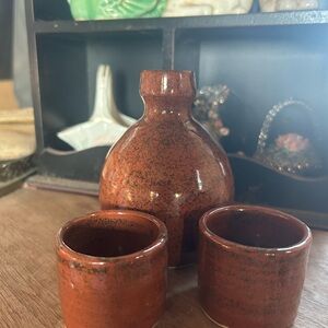 Rustic Brown Ceramic stone ware Vase and Cups Set